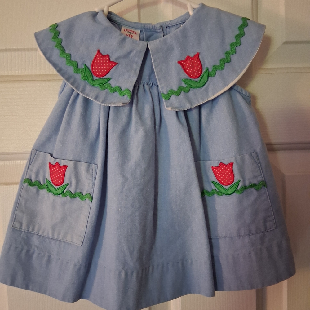Vintage Copper Key Blue Dress with Floral Embroidery